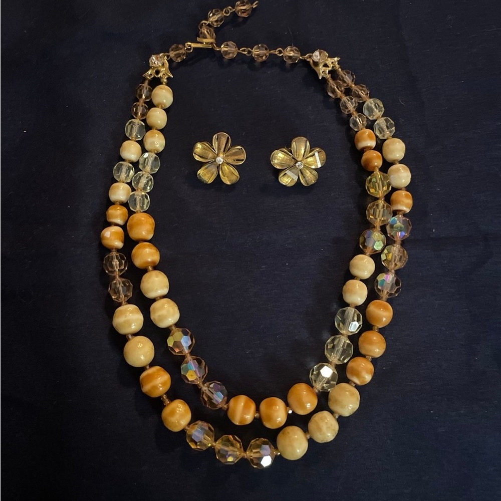 Vintage Crystal and Glass Bead Necklace with Earrings
